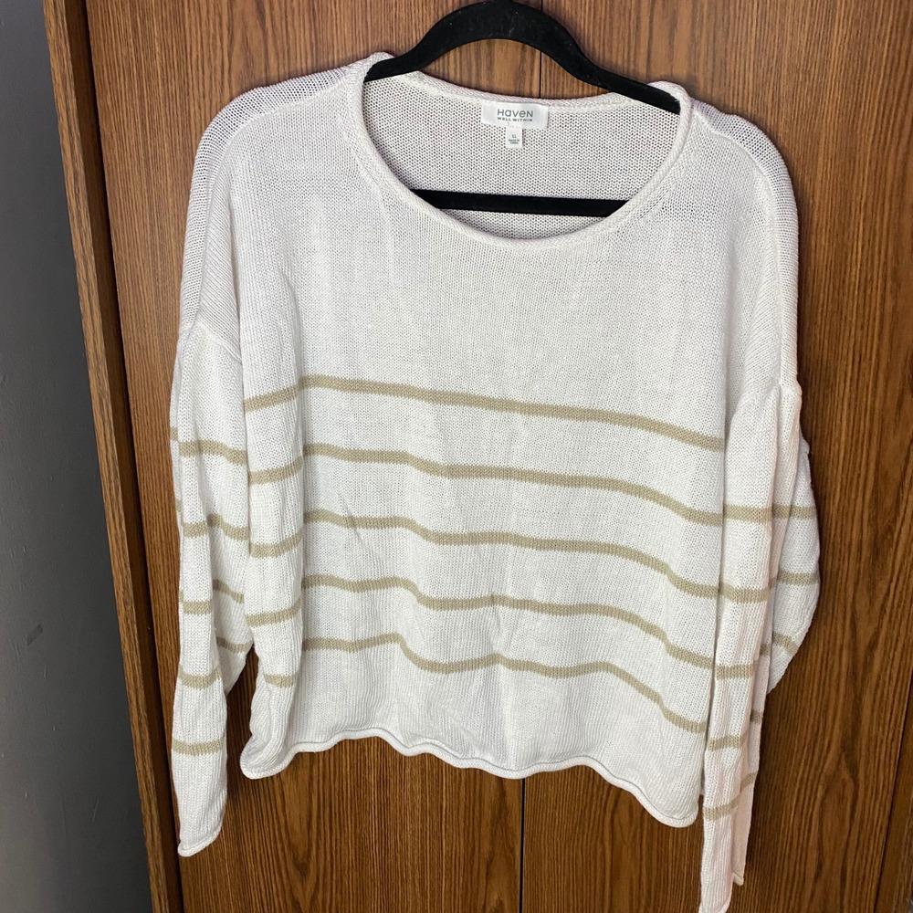 Haven Well Within Sweater Womens XL White Tan Striped Linen Cotton Knit Top